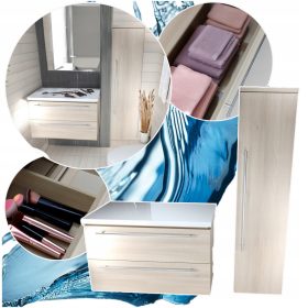    Fürdőszoba szekrény szett, komplett mosdóbútor, világos tölgy oszlop, 90