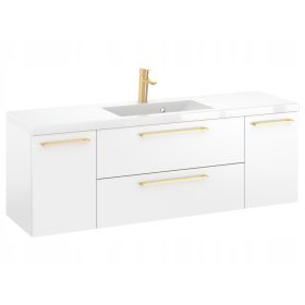    RON 140 cm D Mosdószekrény - Matt fehér - szálcsiszolt arany fogantyúk