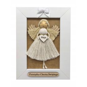    MAKRAMÉ ANGYAL FEHÉR KERETBEN A KERESZTSÉGRE ÉS SZÜLETÉSNAPI ÁLDOZÁSHOZ