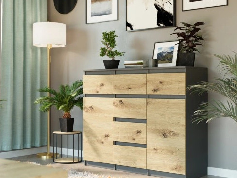 Mobene Modern komód 120 x 40 x 98cm antracit, matt kézműves tölgy