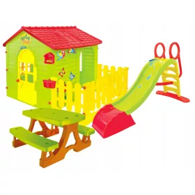   Játszótér - Kerti ház kerítéssel + 180 cm-es csúszda + asztal