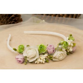    úrvacsora fejpánt, fehér lila virágok, úrvacsora hajdíszek, úrvacsora