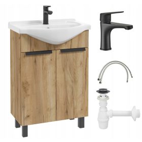    Kézműves tölgy fürdőszobai szekrény készlet mosdóval, szifon csappal 85x60x30 cm