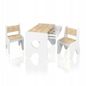    Egy asztal és két szék fiókkal, különböző motívumokkal