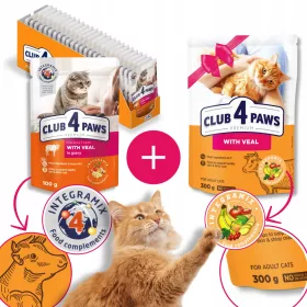    CLUB 4 PAWS nedves táp macskáknak - Borjúhús szószban 24x100 g + INGYENES