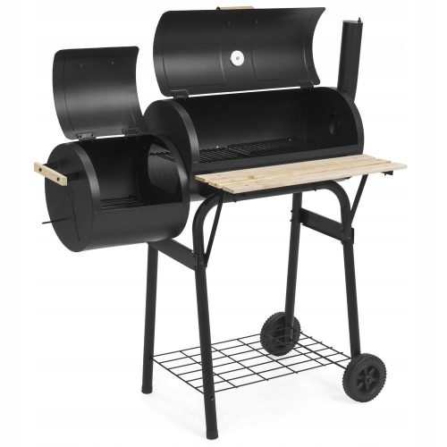  Kerti faszén grill füstölővel 2 az 1-ben hordozható BBQ polcos hőmérő, fekete