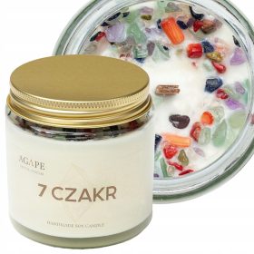    Agappe szója illatú gyertya természetes kövekkel, 7 csakrával, kézzel készített