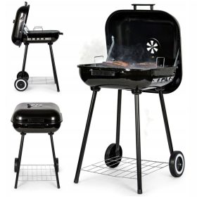    KERÉKI SZÉN GRILL FEDŐVEL KEREKEKEN RÁCSPOLC BBQ 43x40 cm