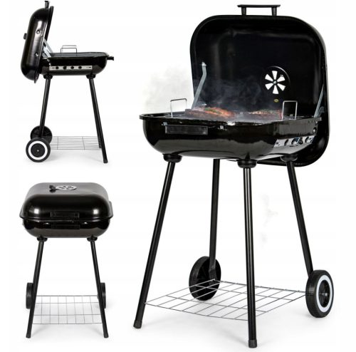  KERÉKI SZÉN GRILL FEDŐVEL KEREKEKEN RÁCSPOLC BBQ 43x40 cm