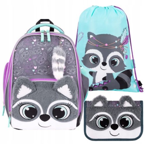  BABMIBO RACOON SCHOOL HÁTIZSÁK KÖNNYŰ PÜSS RACCOON PREMIUM + 2 egyéb termék