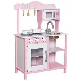    Konyhai TŰZhely gyerekeknek RÓZSASZÍN FA edények + evőeszközök + mikrohullámú sütő