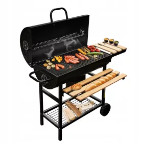    NAGY kerti faszén grill FEDŐVEL hordó alakú polcokkal HŐMÉRŐ Mega-M