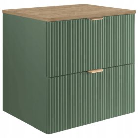    Zöld 60 cm-es mosdószekrény, diófa munkalapon hornyolt üveggel, zöld