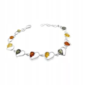    Ezüst karkötő balti borostyánnal, 925 ezüsttel, SZÍNES szívekkel