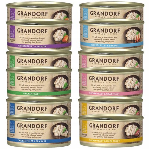  GRANDORF egészséges nedves táp macskáknak, ízkeverék csirke 12 x 70g, gabonamentes