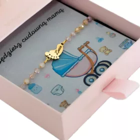    Karkötő gravírozott névvel, lábbal, névvel, acél, rózsaszín gyöngyökkel, ajándékba