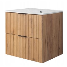    Falra akasztható fürdőszobai szekrény mosdóval 60 cm tölgyfa készlet hornyolt MDF előlappal