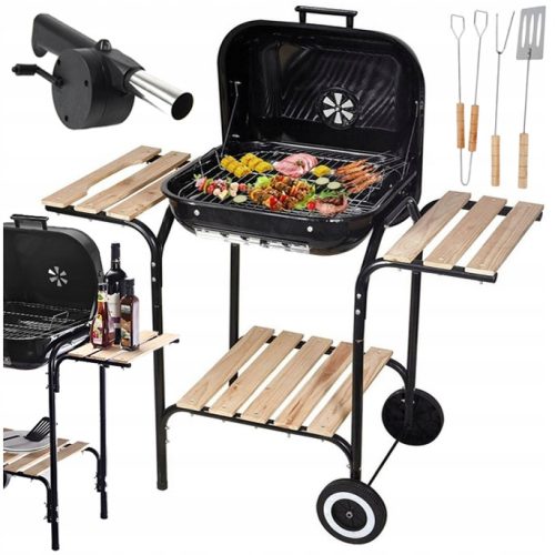  NAGY ÖSSZEHAJTHATÓ KEREKES SZÉNGRILL POLCOS BBQ RÁCS FORGATÁSSAL