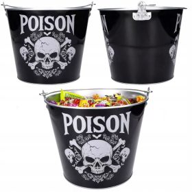    Méregfekete fém vödör SKULL-al, italokhoz a HALLOWEEN asztalon