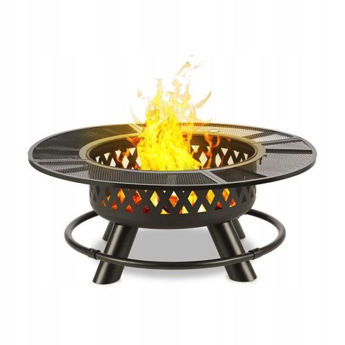  KERTI TŰZSZOROK GRILL TÁBIRÁZTÜZ Ø120CM KEREK ACÉL RÁCS FEDŐ FEKETE