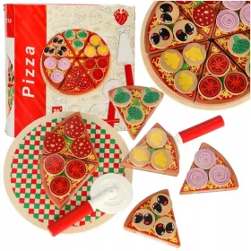    PIZZA FA JÁTÉKSZETT GYEREKEKNEK KIEGÉSZÍTŐKKEL 20cm tépőzáras Késsel