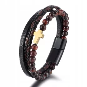    Bőr karkötő kereszt gyöngyökkel és vörös kőtigrisszemmel