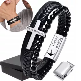    Férfi gravírozott bőr karkötő ezüst kereszttel és karneollal