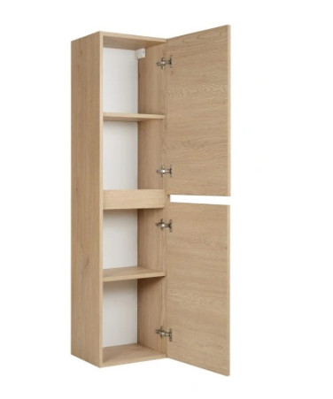 Fali fürdőszobaszekrény, tölgyfa oszlop, 136 cm, világos matt tölgyfa előlap