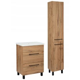    Fürdőszobagarnitúra 60 cm-es tölgy Wotan szekrény mosdóval, magas oszloppal