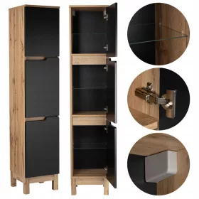    Fürdőszobaszekrény álló, magas oszlopos 3 ajtós Wotan tölgy / Matt fekete Alma