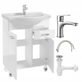    Szabadon álló fürdőszobai szekrény mosdóval, csappal és szifonnal, 55 cm, fehér fényű