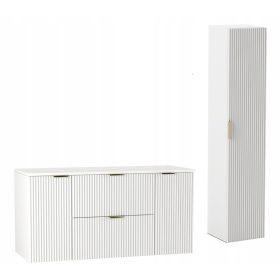    Fehér fürdőszobai szett 120 cm-es szekrény munkalapon, oszlopos hornyolt előlapokkal