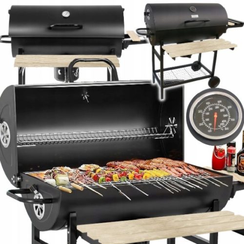 KERTI SZÉN GRILL 2 KRÓM RÁCS 2 PALCOS HAMU TÁLCA HŐMÉRŐ ACÉL