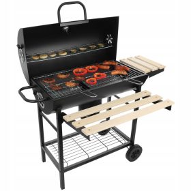    Nagyméretű, zárható, kerekes kerti faszén grill polcokkal és tűzrakóval