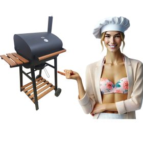    DEKRAFT SZÉN GRILL HORDÓ ÖNTÖTTVAS RÉSZTEL, FA, KÉMÉNY