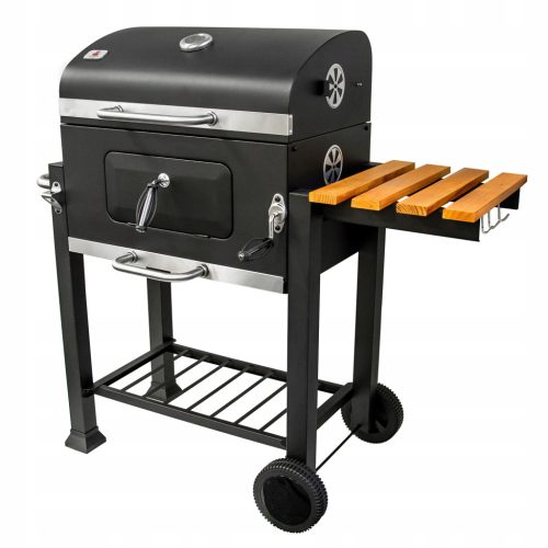  Nagy faszén grill, öntöttvas rostély, 113,5x50x107 cm, kert, fa polccal