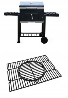  PREMIUM KERTI SZÉN GRILL POLCOSSAL, FEDŐVEL, ÖNTÖTTVAS Rács, KEREKEK 1010