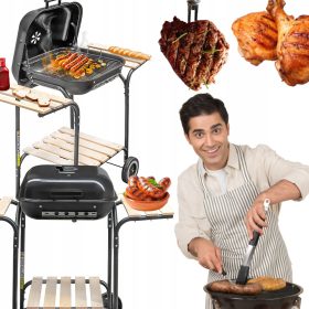    Faszén kerti grill fedővel és praktikus asztalokkal tömör acél