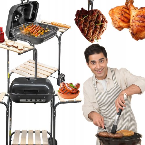  Faszén kerti grill fedővel és praktikus asztalokkal tömör acél