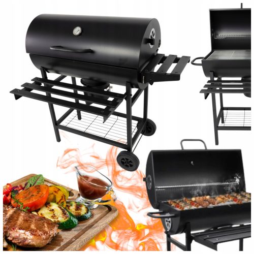  Kerti faszén grill fedéllel és kerekeken hőmérővel nagy XXL 71x35 cm