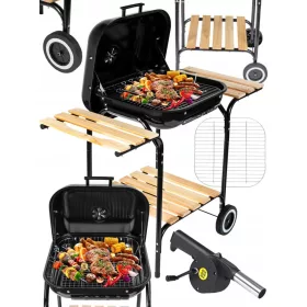    SZÉN GRILL FEDŐVEL KERTI NAGY KRÓM RÁCS POLCOK KEREKEK FÚVÓ