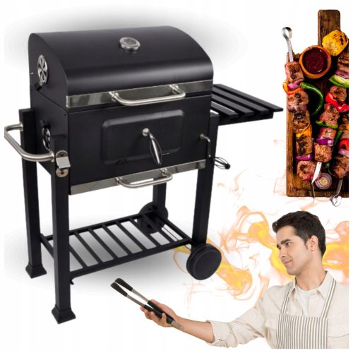  Faszén grill öntöttvas ráccsal nagy fekete 57,5 x 37 cm XXL + fedél