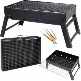    Kerti grill turista acél összecsukható fekete kempingezéshez Light + készlet