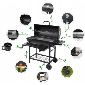    KERTI SZÉN GRILL HORDÓS HAMU DOBOZ HŐMÉRŐ NAGY RÁCS 71x45cm