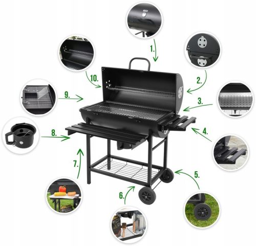  KERTI SZÉN GRILL HORDÓS HAMU DOBOZ HŐMÉRŐ NAGY RÁCS 71x45cm