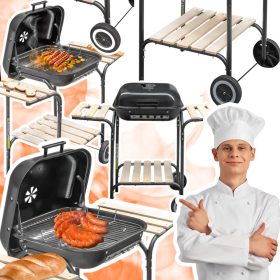    Faszén grill fedővel és kisasztalokkal a kertbe és a telekre, tömör