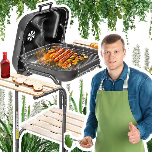  Hordozható kerti grill fedéllel és kisasztallal kertbe vagy telkre