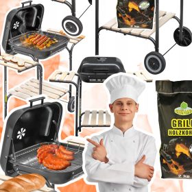    Faszén grill burkolattal, kisasztalokkal, ERŐS, Tartós, 2KG SZÉN