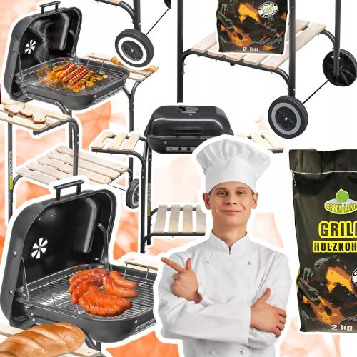  Faszén grill burkolattal, kisasztalokkal, ERŐS, Tartós, 2KG SZÉN