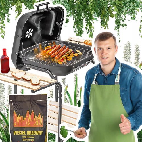  Kerti grill fedéllel és kisasztallal kerti telekre + 2kg szén